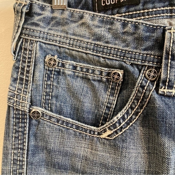 AFFLICTION Sz 33 Cooper Distressed Straight Leg Rubber Logo Patch Jeans - Picture 8 of 16